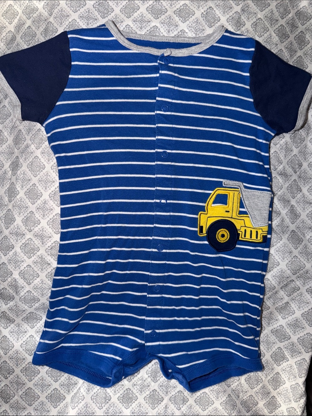 Blue Striped Baby Romper with Yellow Dump Truck Applique